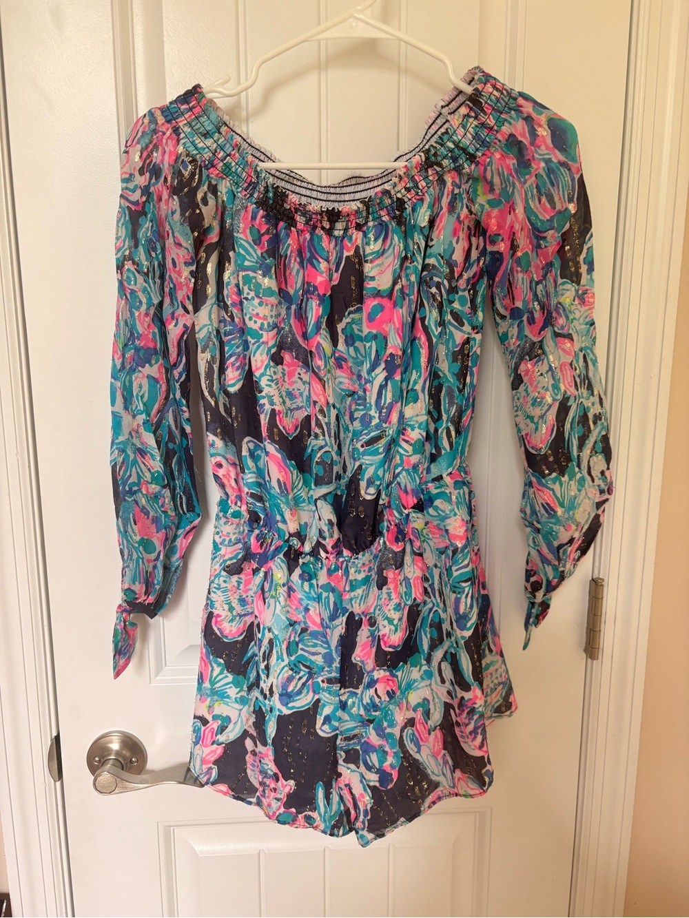 Lilly Pulitzer Myri Romper in Bright Navy Caught Up-Floral Off-Shoulder Romper